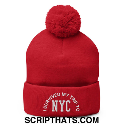 I Survived My Trip to NYC Embroidered Knit Pom Pom Beanie Red