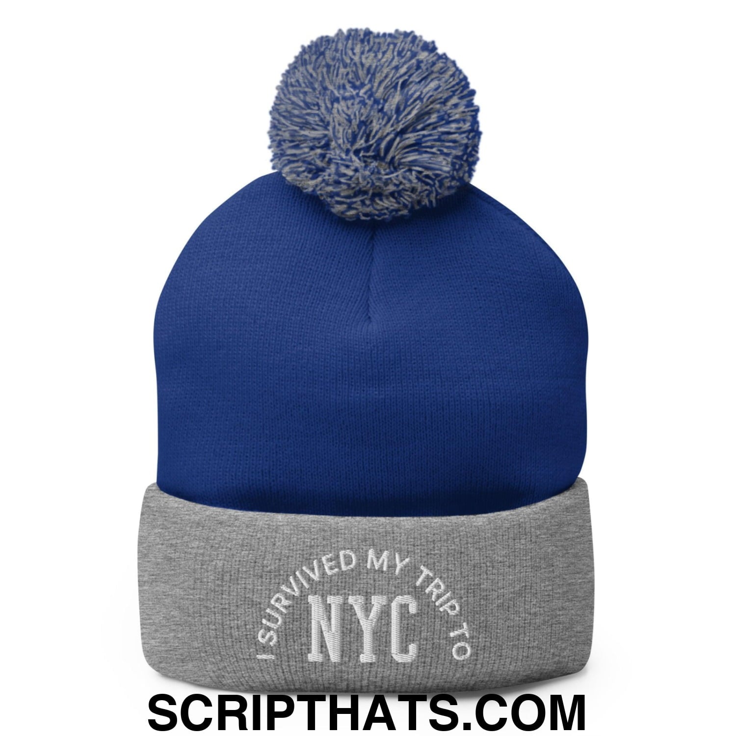 I Survived My Trip to NYC Embroidered Knit Pom Pom Beanie Royal Heather Grey