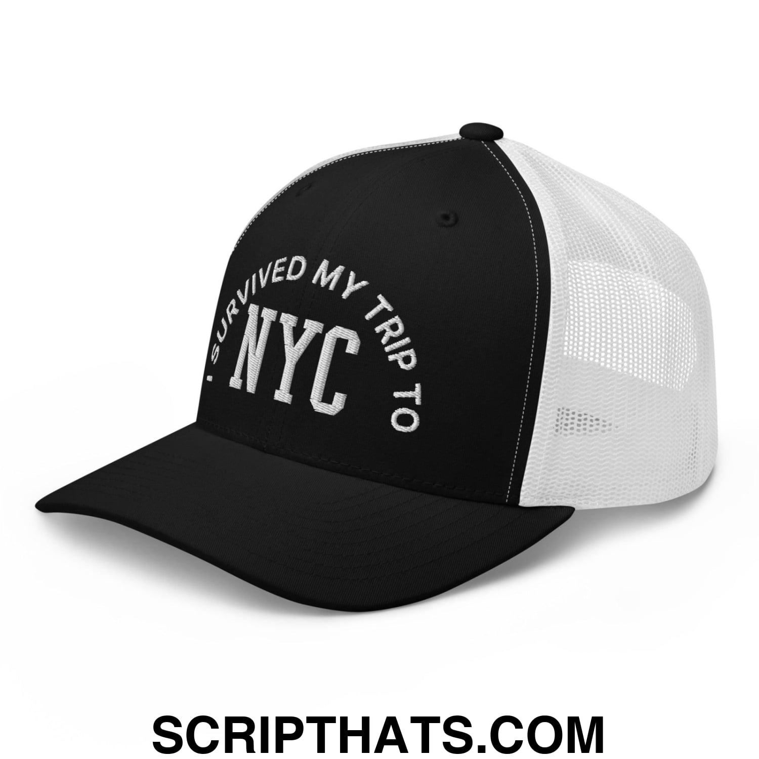 I Survived My Trip to NYC Embroidered Mesh Trucker Hat Black White