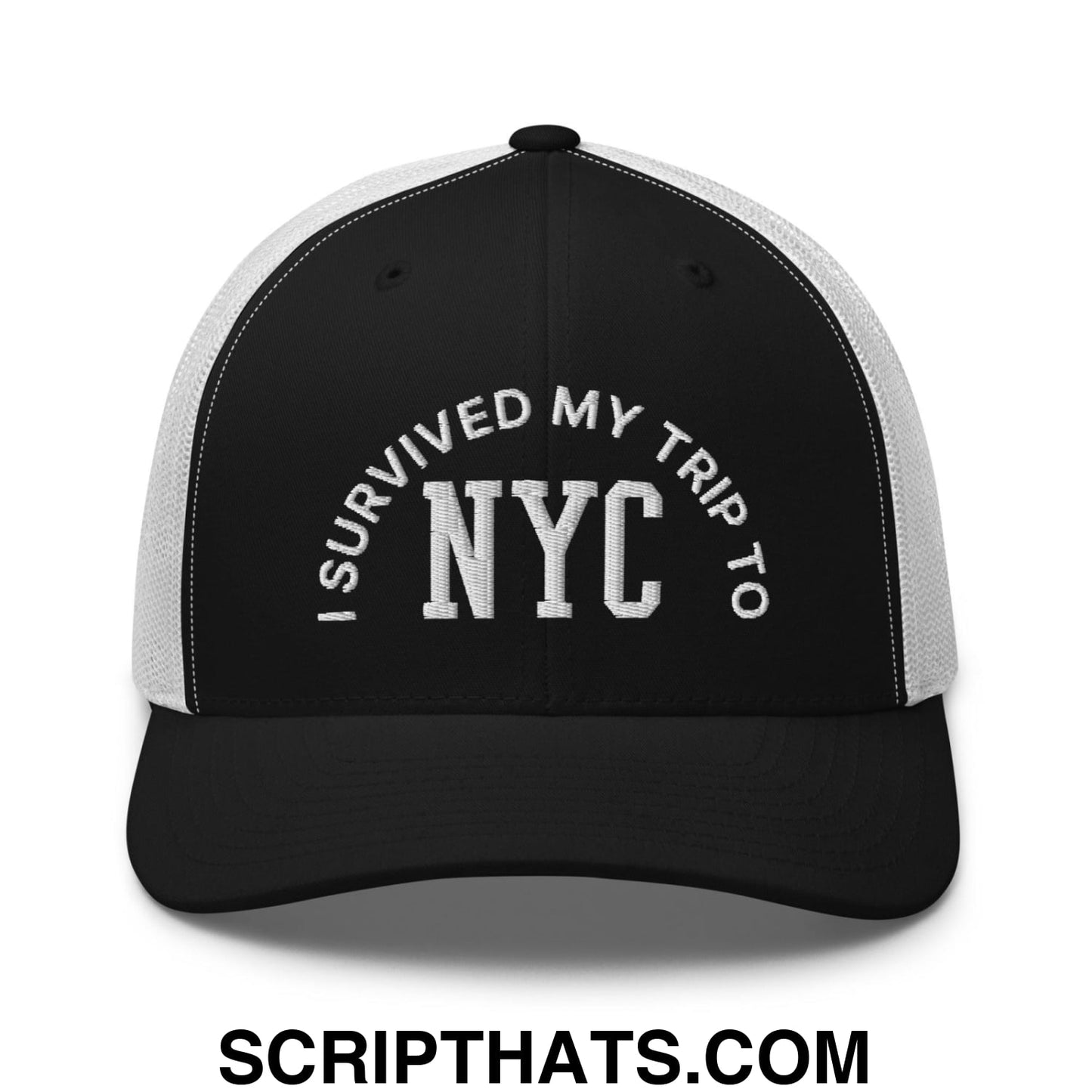 I Survived My Trip to NYC Embroidered Mesh Trucker Hat Black White