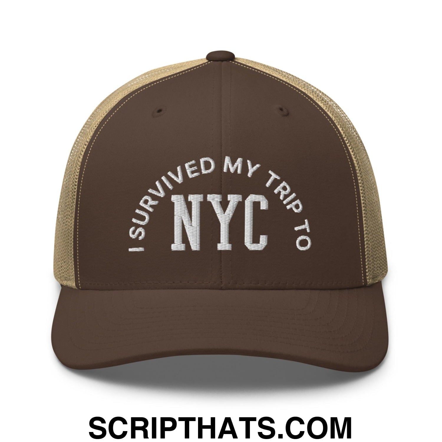 I Survived My Trip to NYC Embroidered Mesh Trucker Hat Brown Khaki