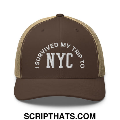I Survived My Trip to NYC Embroidered Mesh Trucker Hat Brown Khaki