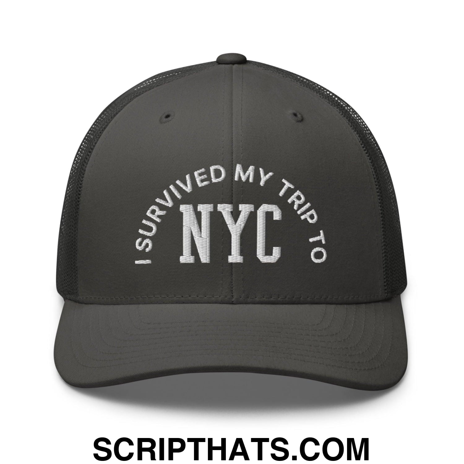 I Survived My Trip to NYC Embroidered Mesh Trucker Hat Charcoal