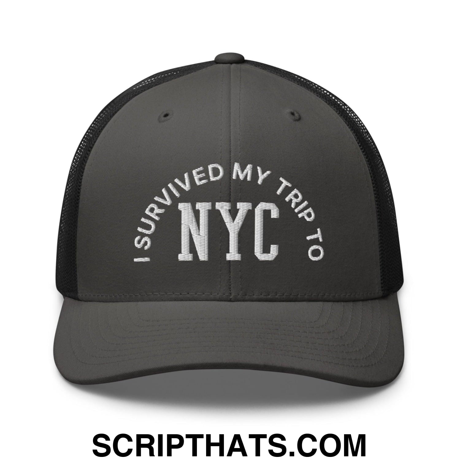 I Survived My Trip to NYC Embroidered Mesh Trucker Hat Charcoal Black