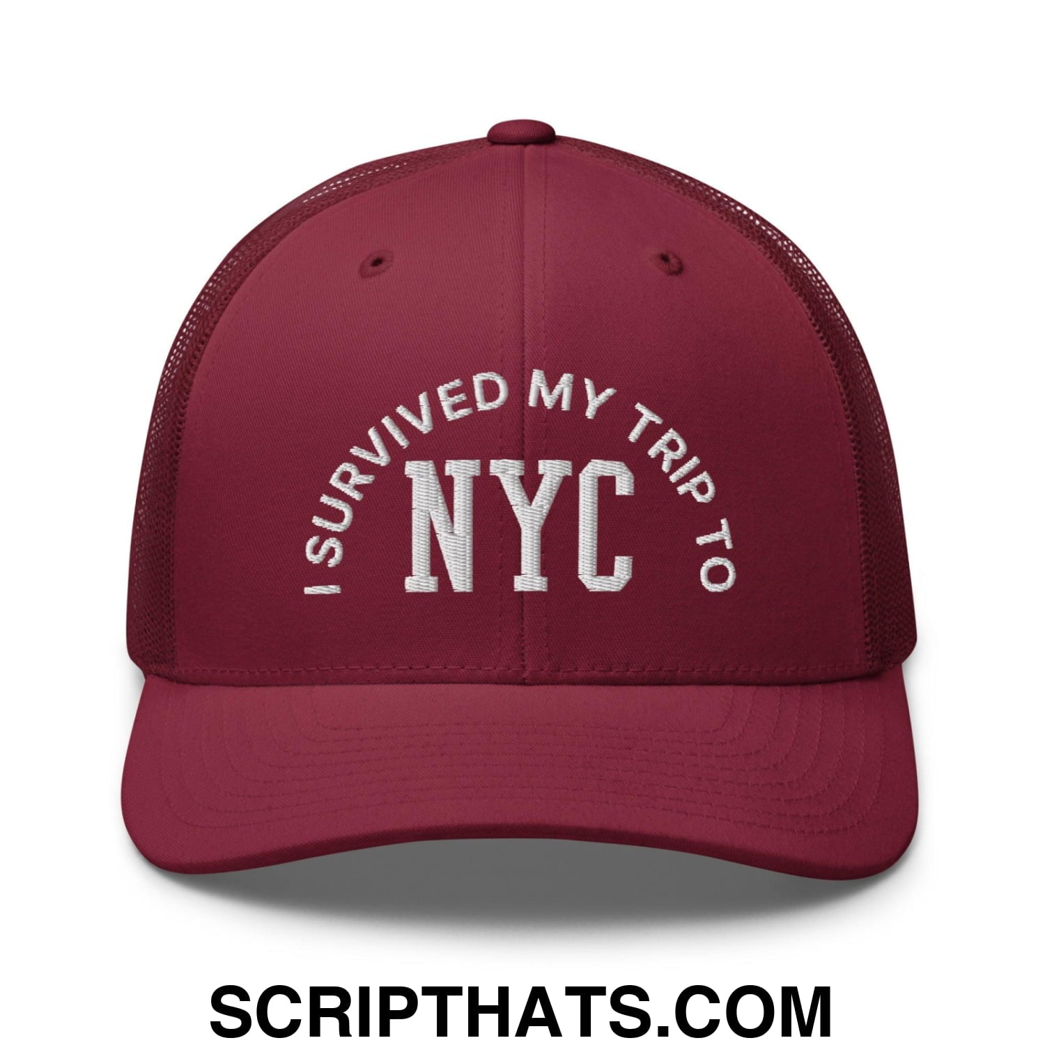 I Survived My Trip to NYC Embroidered Mesh Trucker Hat Cranberry