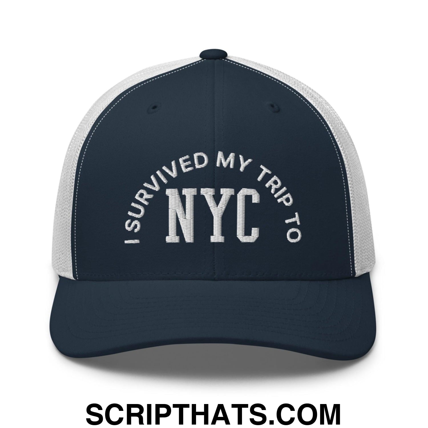 I Survived My Trip to NYC Embroidered Mesh Trucker Hat Navy White