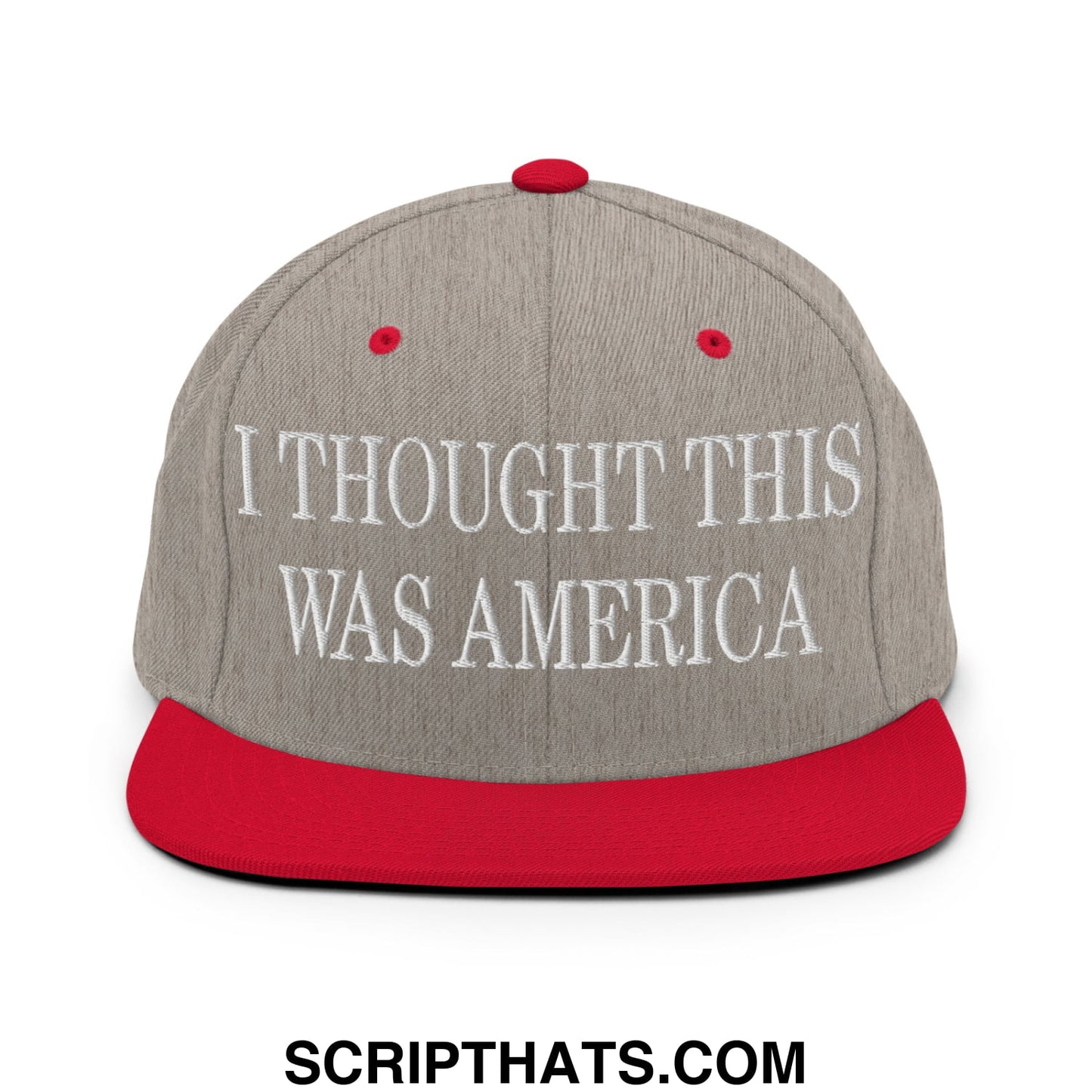 I Thought This Was America Embroidered Flat Bill Brim Snapback Hat Heather Grey Red