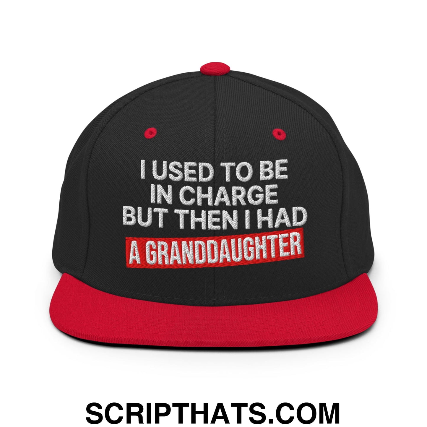 I Used to Be in Charge but Then I Had a Granddaughter Embroidered Flat Bill Brim Snapback Hat Black Red