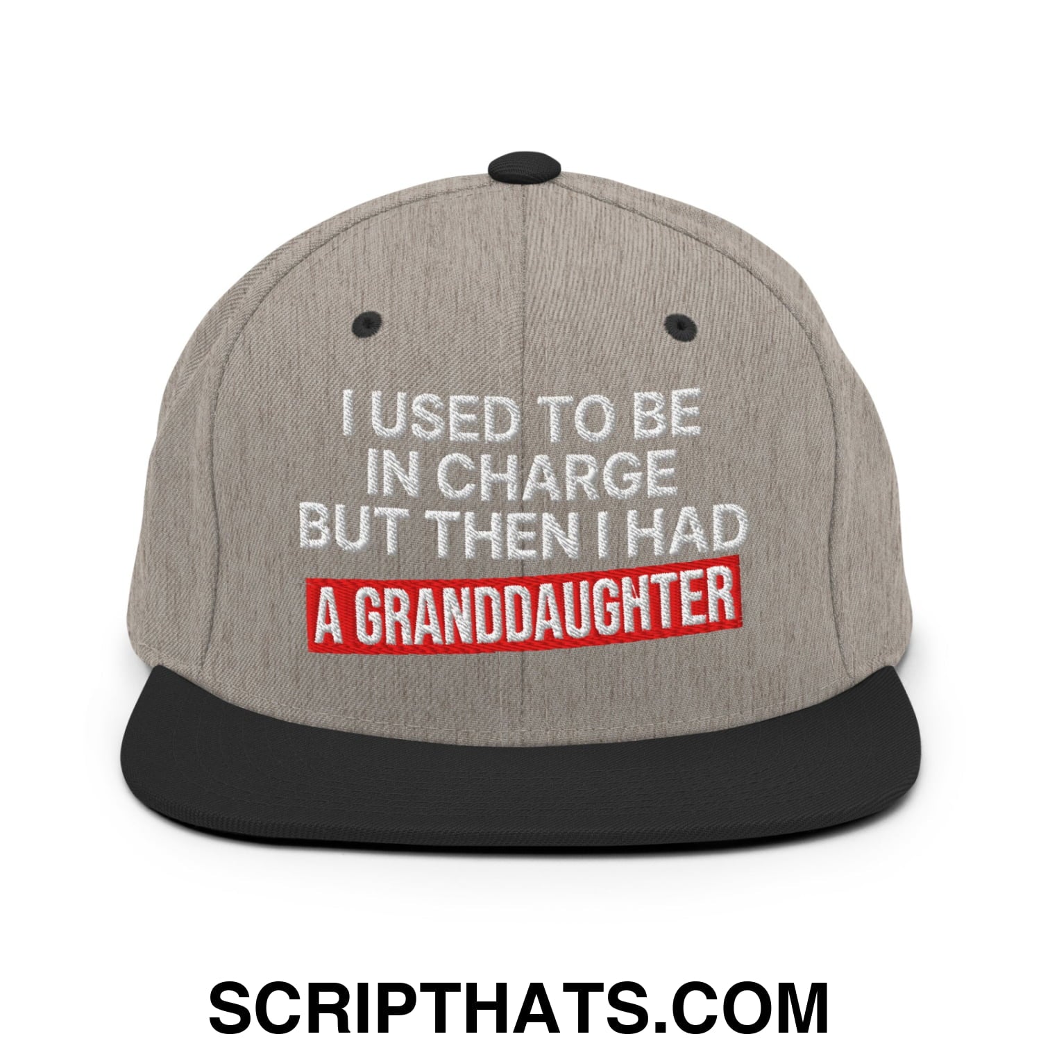 I Used to Be in Charge but Then I Had a Granddaughter Embroidered Flat Bill Brim Snapback Hat Heather Black
