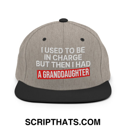 I Used to Be in Charge but Then I Had a Granddaughter Embroidered Flat Bill Brim Snapback Hat Heather Black
