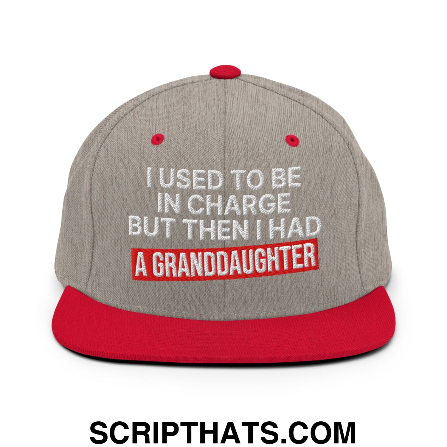 I Used to Be in Charge but Then I Had a Granddaughter Embroidered Flat Bill Brim Snapback Hat Heather Grey Red