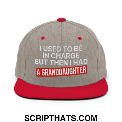 I Used to Be in Charge but Then I Had a Granddaughter Embroidered Flat Bill Brim Snapback Hat Heather Grey Red