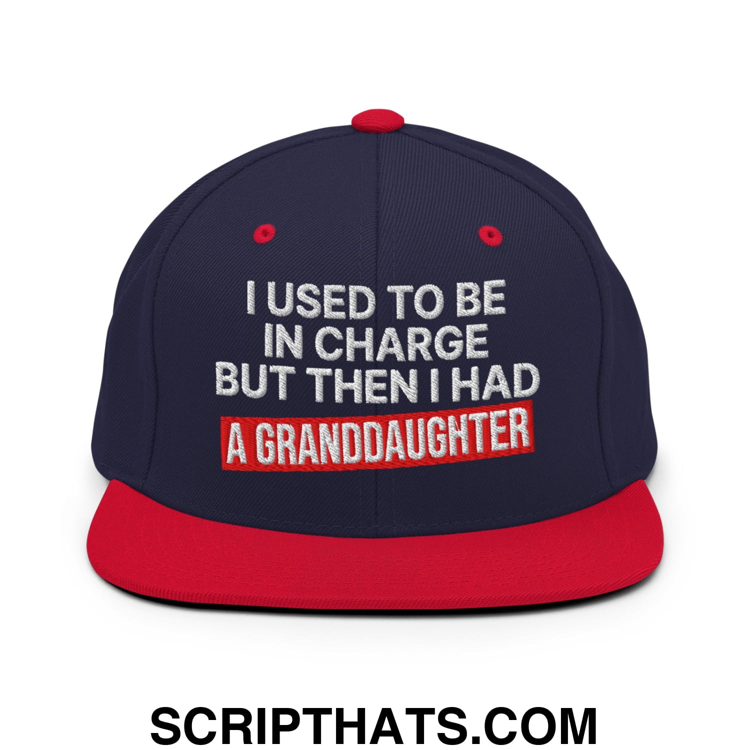 I Used to Be in Charge but Then I Had a Granddaughter Embroidered Flat Bill Brim Snapback Hat Navy Red