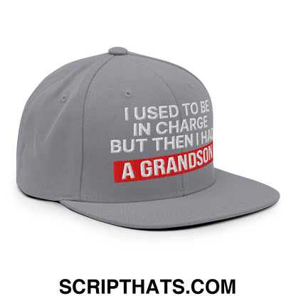 I Used to Be in Charge but Then I Had a Grandson Embroidered Flat Bill Brim Snapback Hat Silver