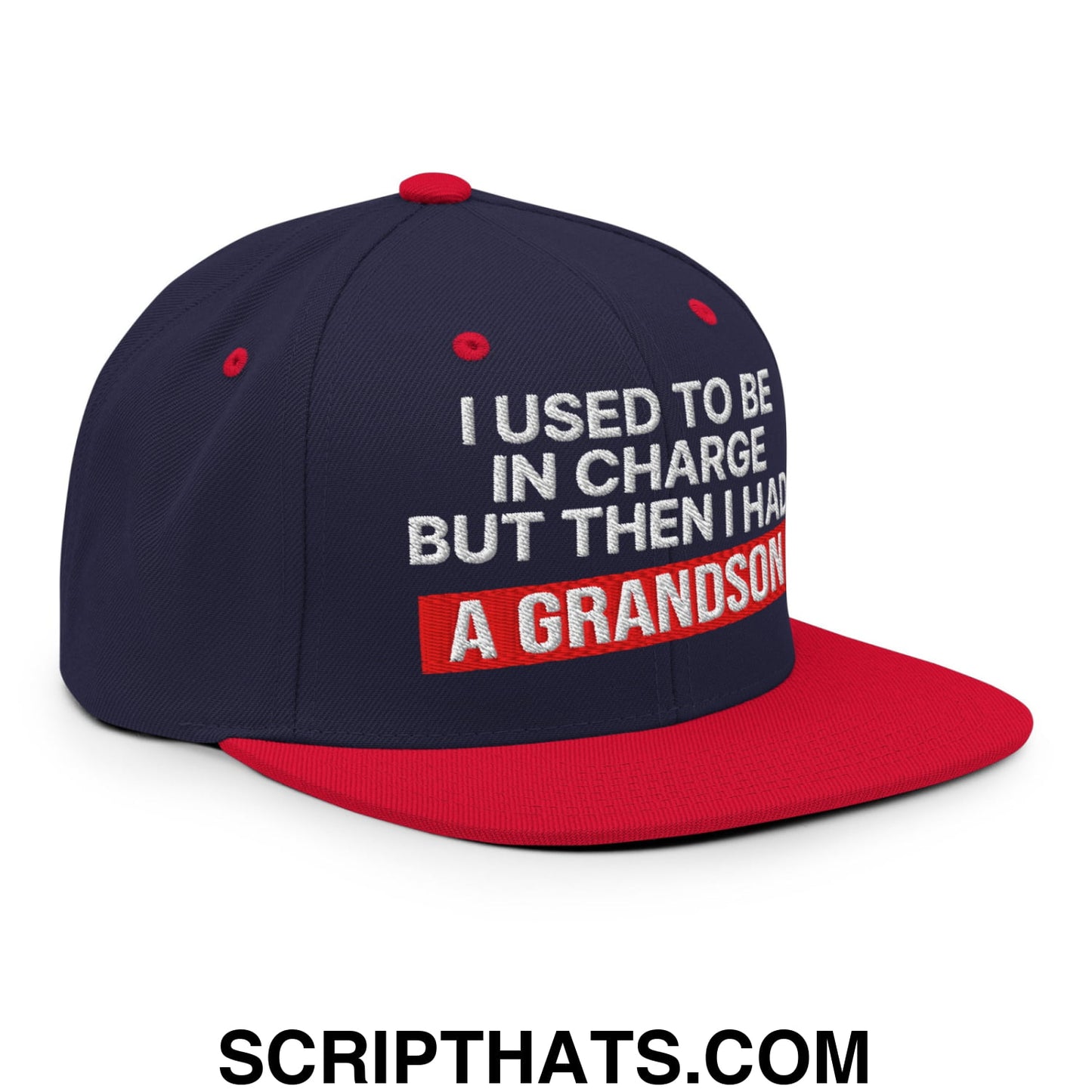I Used to Be in Charge but Then I Had a Grandson Embroidered Flat Bill Brim Snapback Hat Navy Red