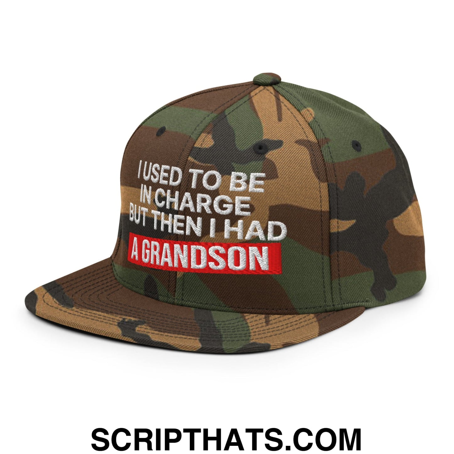 I Used to Be in Charge but Then I Had a Grandson Embroidered Flat Bill Brim Snapback Hat Green Camo