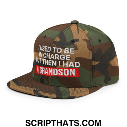 I Used to Be in Charge but Then I Had a Grandson Embroidered Flat Bill Brim Snapback Hat Green Camo