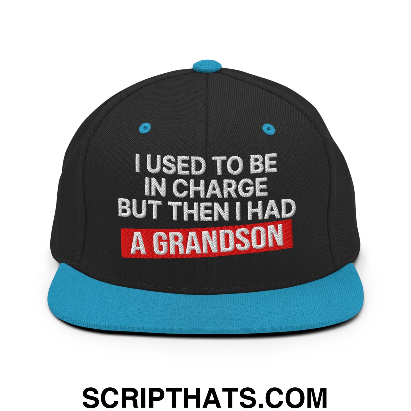 I Used to Be in Charge but Then I Had a Grandson Embroidered Flat Bill Brim Snapback Hat Black Teal