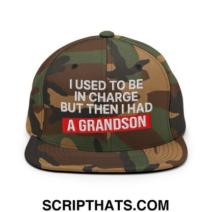 I Used to Be in Charge but Then I Had a Grandson Embroidered Flat Bill Brim Snapback Hat Green Camo