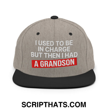 I Used to Be in Charge but Then I Had a Grandson Embroidered Flat Bill Brim Snapback Hat Heather Black