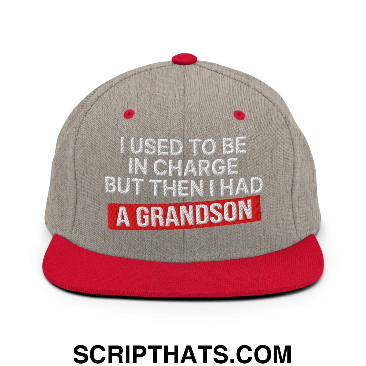 I Used to Be in Charge but Then I Had a Grandson Embroidered Flat Bill Brim Snapback Hat Heather Grey Red