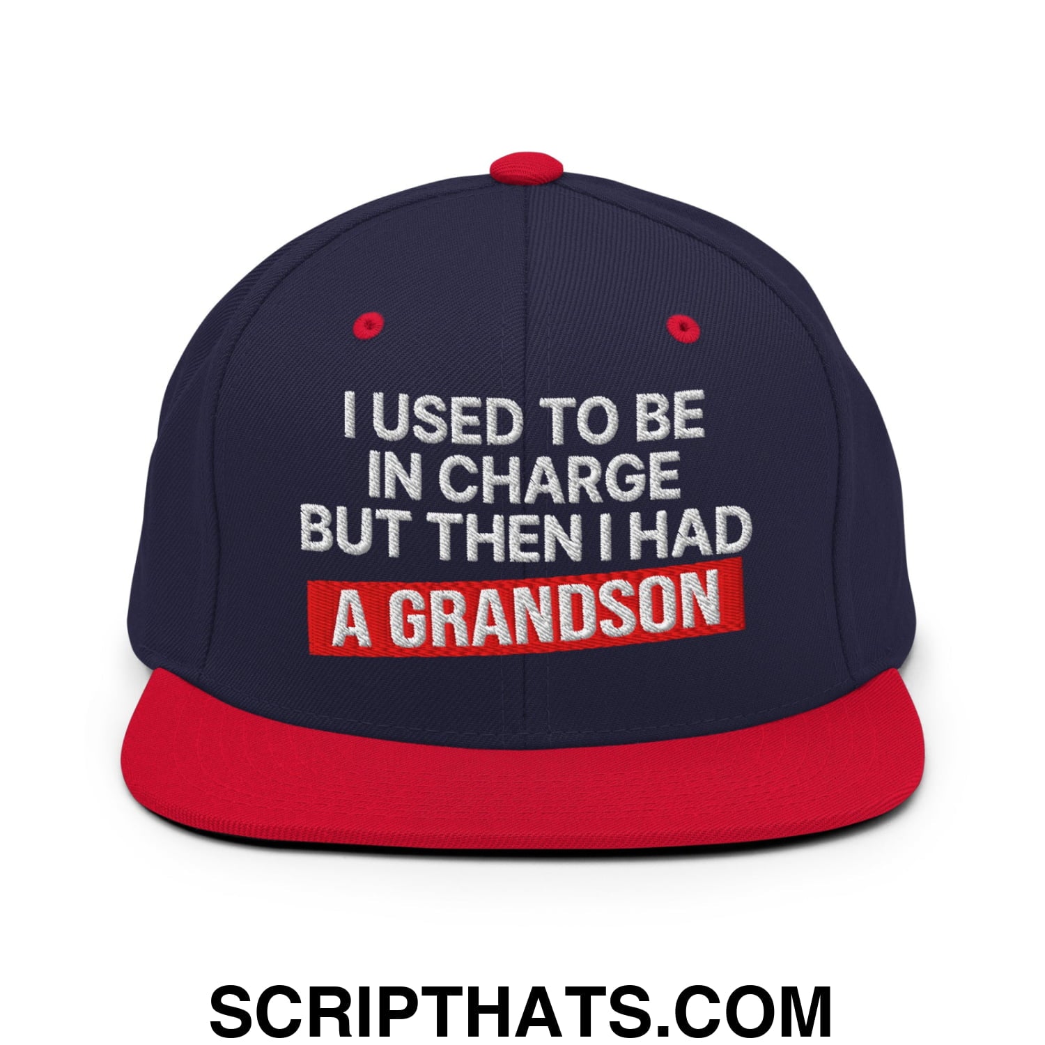 I Used to Be in Charge but Then I Had a Grandson Embroidered Flat Bill Brim Snapback Hat Navy Red