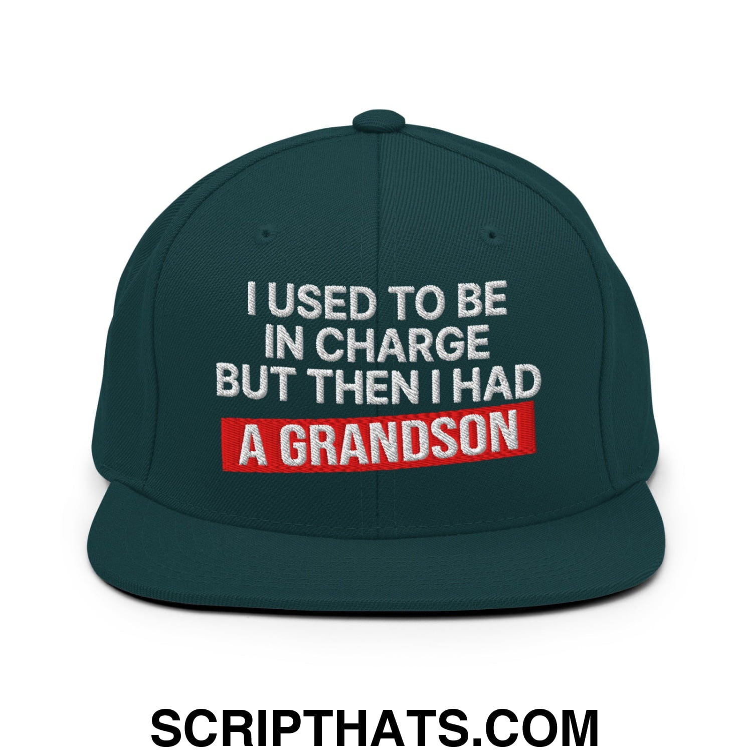 I Used to Be in Charge but Then I Had a Grandson Embroidered Flat Bill Brim Snapback Hat Spruce