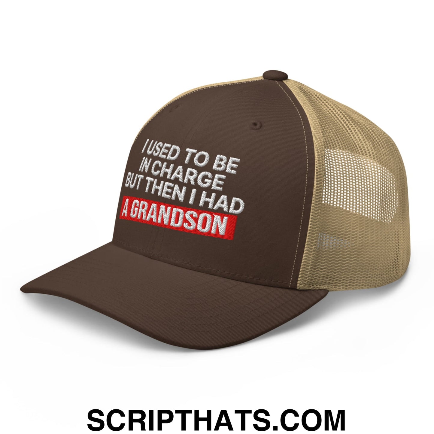 I Used to Be in Charge but Then I Had a Grandson Embroidered Mesh Trucker Hat Brown Khaki