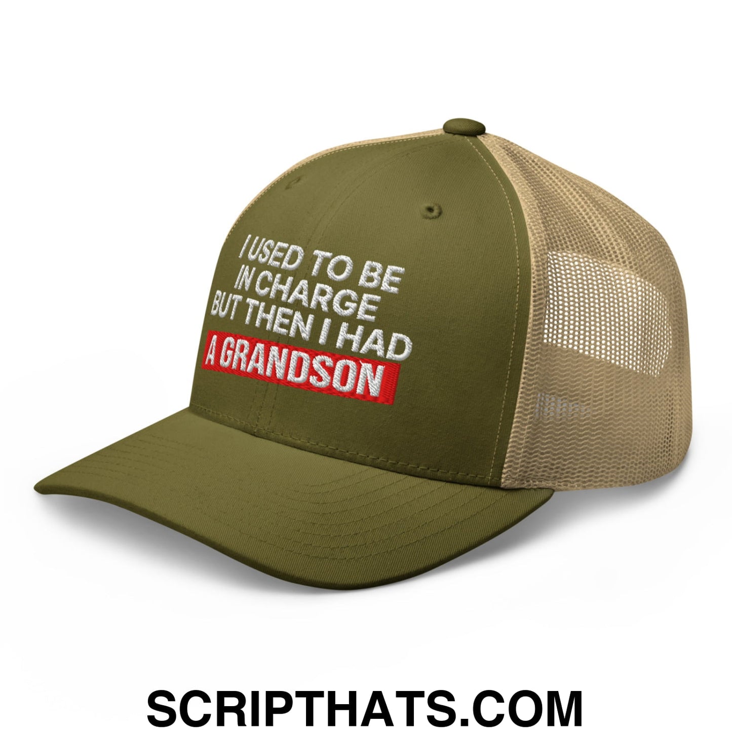 I Used to Be in Charge but Then I Had a Grandson Embroidered Mesh Trucker Hat Moss Khaki