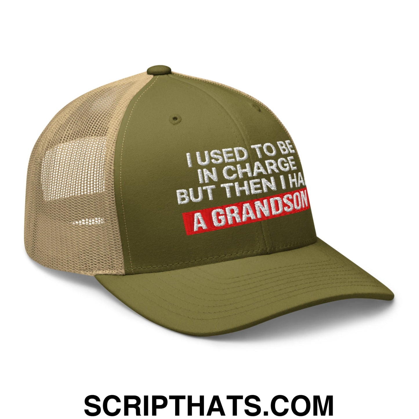 I Used to Be in Charge but Then I Had a Grandson Embroidered Mesh Trucker Hat Moss Khaki