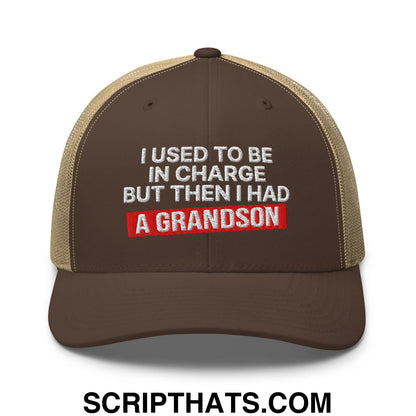I Used to Be in Charge but Then I Had a Grandson Embroidered Mesh Trucker Hat Brown Khaki