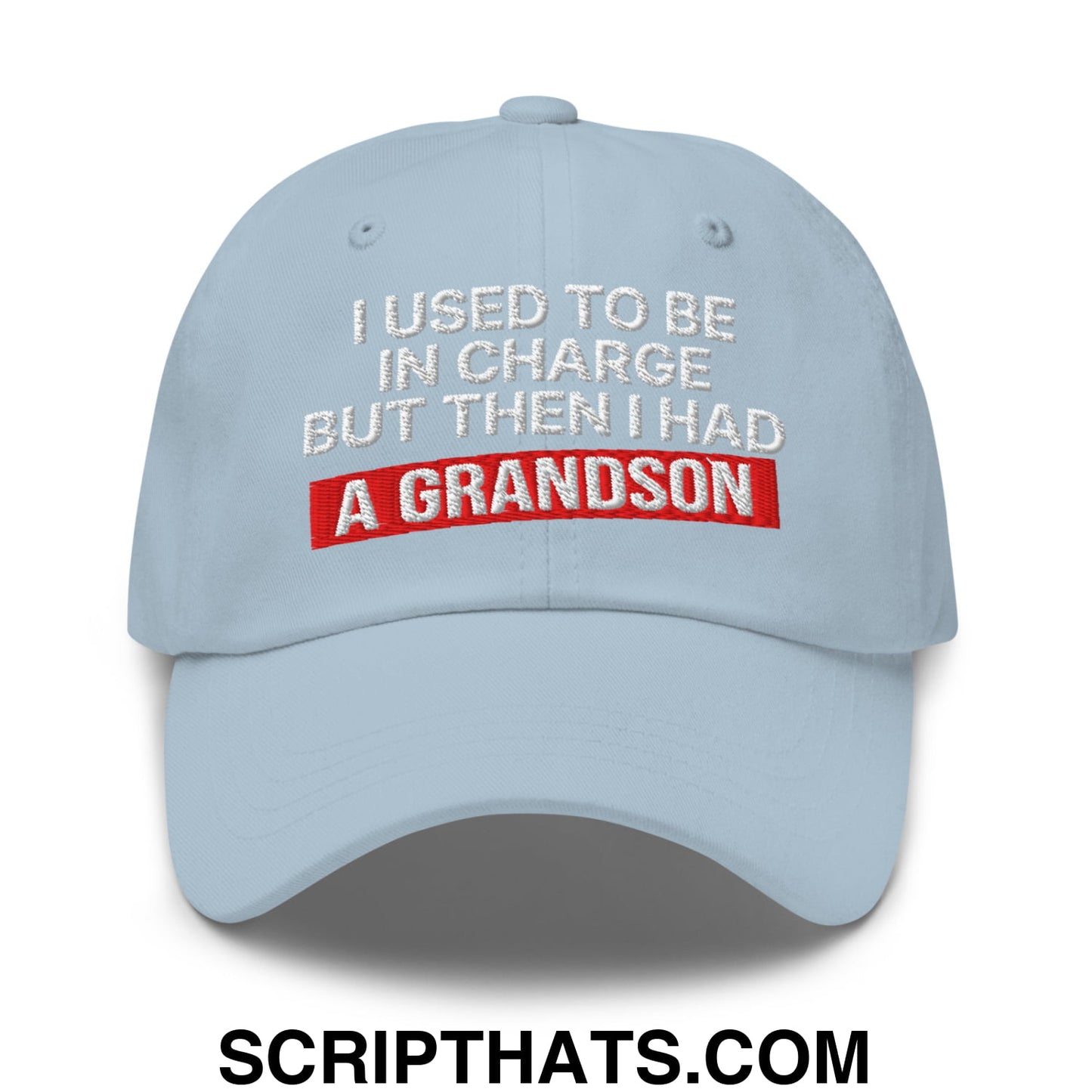 I Used to Be in Charge but Then I Had a Grandson Embroidered Unstructured Dad Hat Light Blue