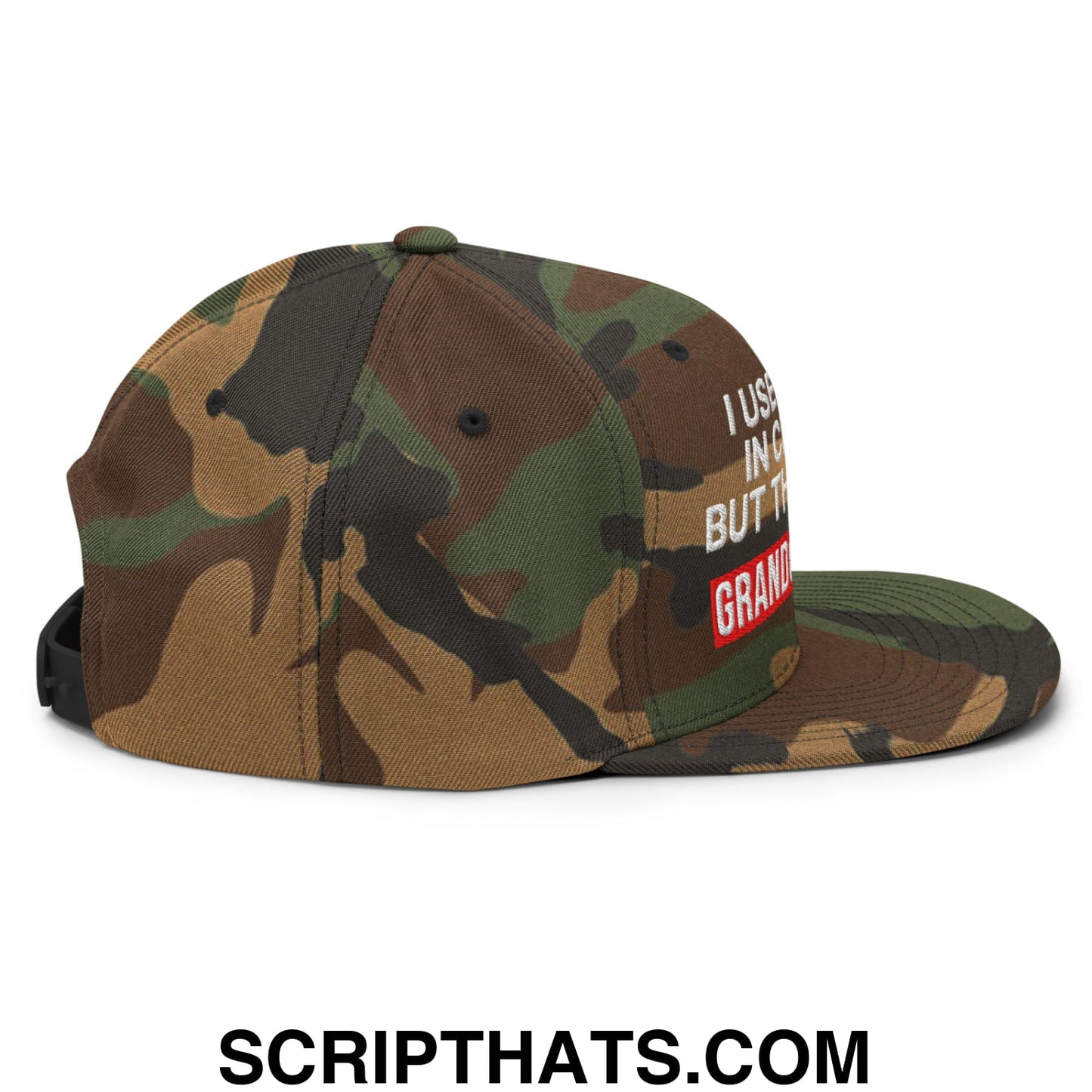 I Used to Be in Charge but Then I Had Grandchildren Embroidered Flat Bill Brim Snapback Hat Green Camo
