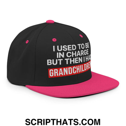 I Used to Be in Charge but Then I Had Grandchildren Embroidered Flat Bill Brim Snapback Hat Black Neon Pink