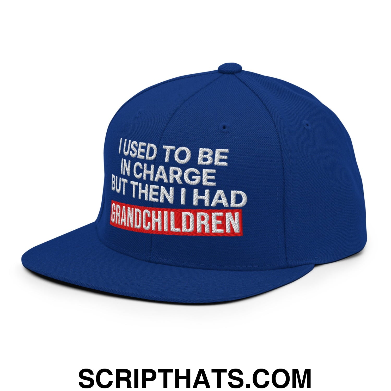 I Used to Be in Charge but Then I Had Grandchildren Embroidered Flat Bill Brim Snapback Hat Royal Blue
