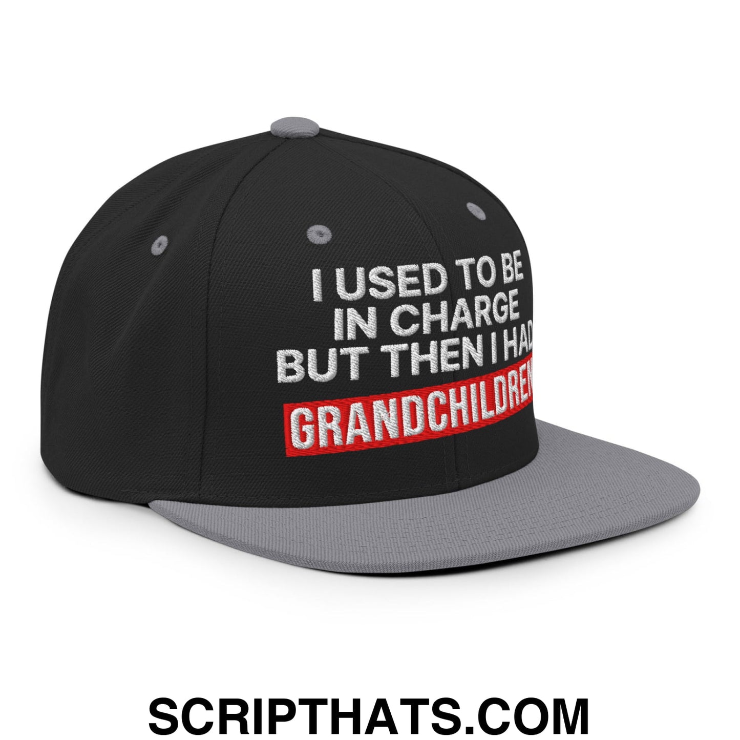 I Used to Be in Charge but Then I Had Grandchildren Embroidered Flat Bill Brim Snapback Hat Black Silver