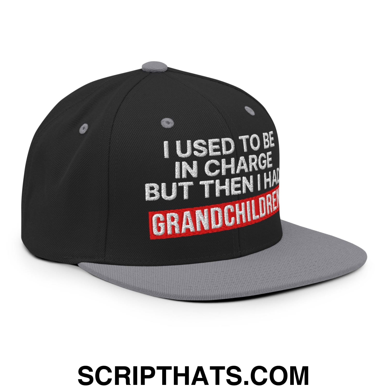 I Used to Be in Charge but Then I Had Grandchildren Embroidered Flat Bill Brim Snapback Hat Black Silver