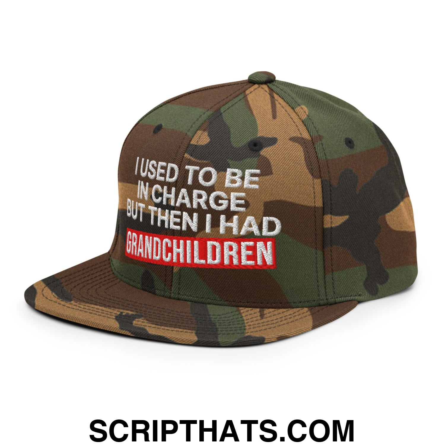 I Used to Be in Charge but Then I Had Grandchildren Embroidered Flat Bill Brim Snapback Hat Green Camo