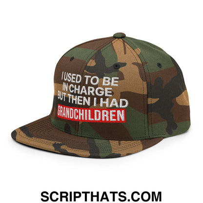 I Used to Be in Charge but Then I Had Grandchildren Embroidered Flat Bill Brim Snapback Hat Green Camo