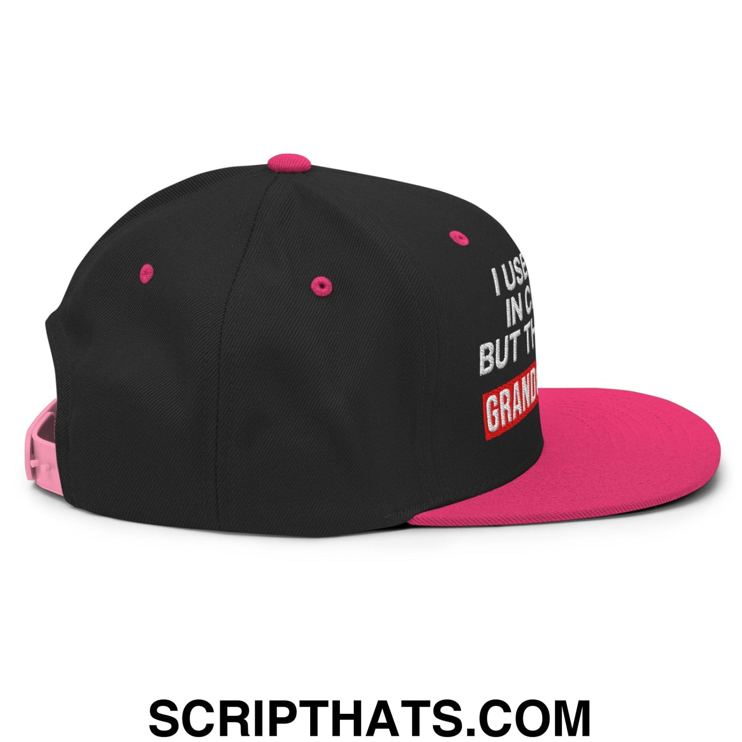I Used to Be in Charge but Then I Had Grandchildren Embroidered Flat Bill Brim Snapback Hat Black Neon Pink