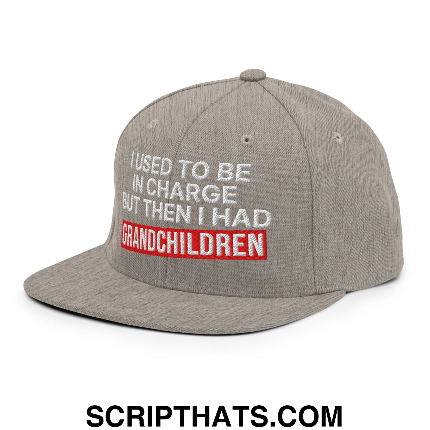I Used to Be in Charge but Then I Had Grandchildren Embroidered Flat Bill Brim Snapback Hat Heather Grey