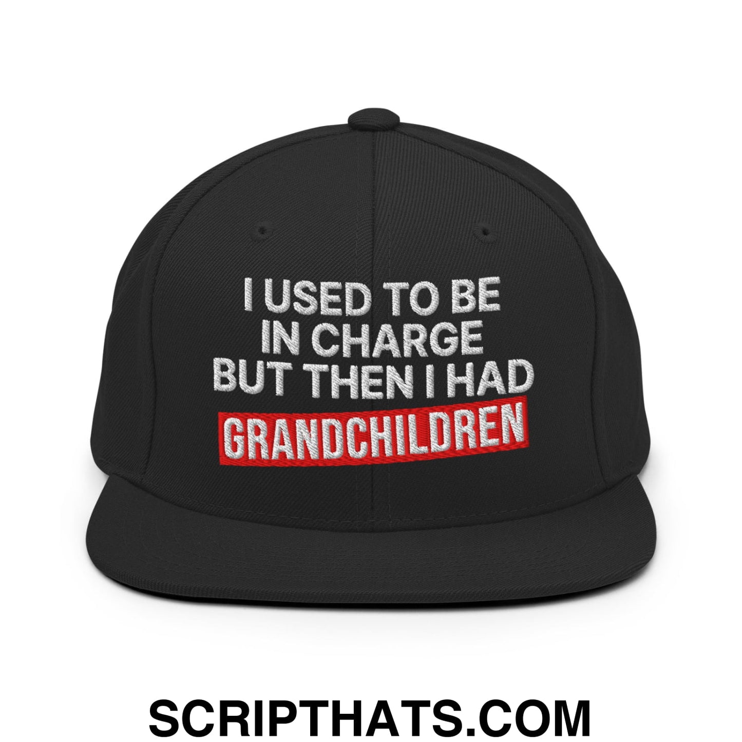 I Used to Be in Charge but Then I Had Grandchildren Embroidered Flat Bill Brim Snapback Hat Black