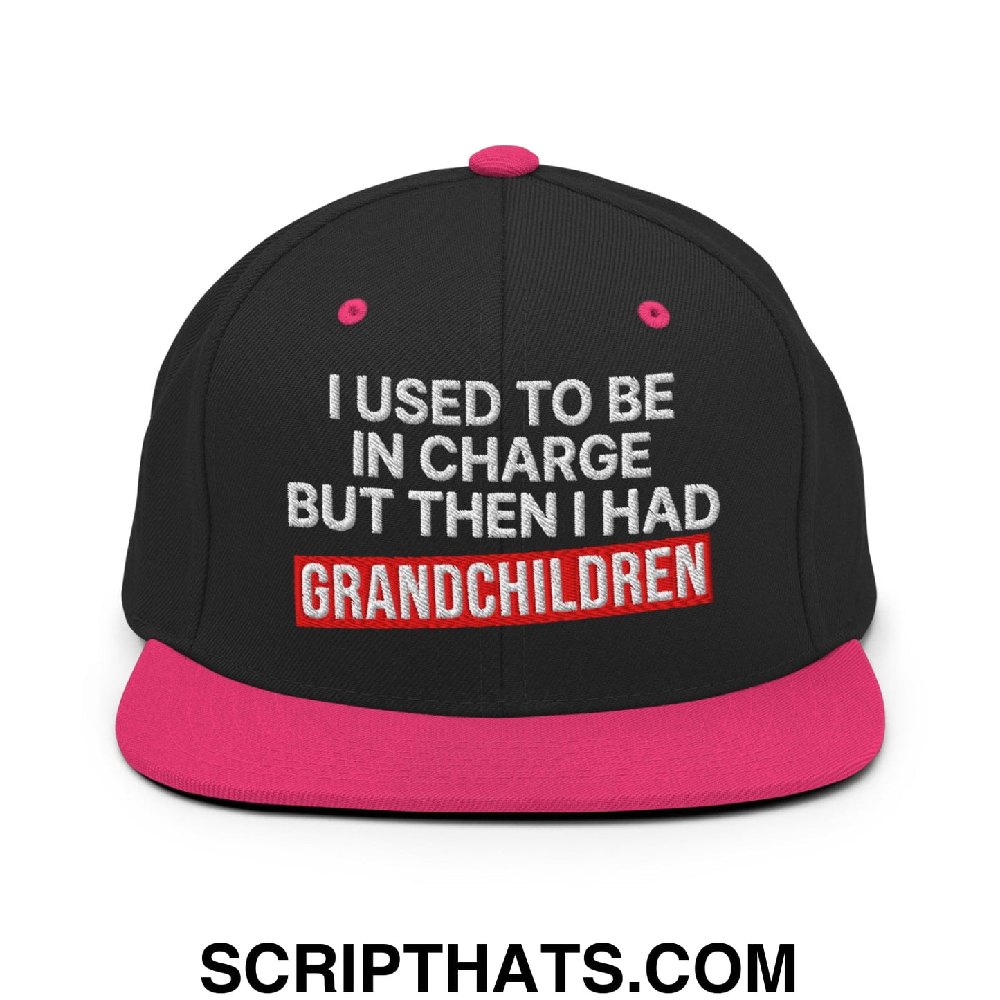 I Used to Be in Charge but Then I Had Grandchildren Embroidered Flat Bill Brim Snapback Hat Black Neon Pink