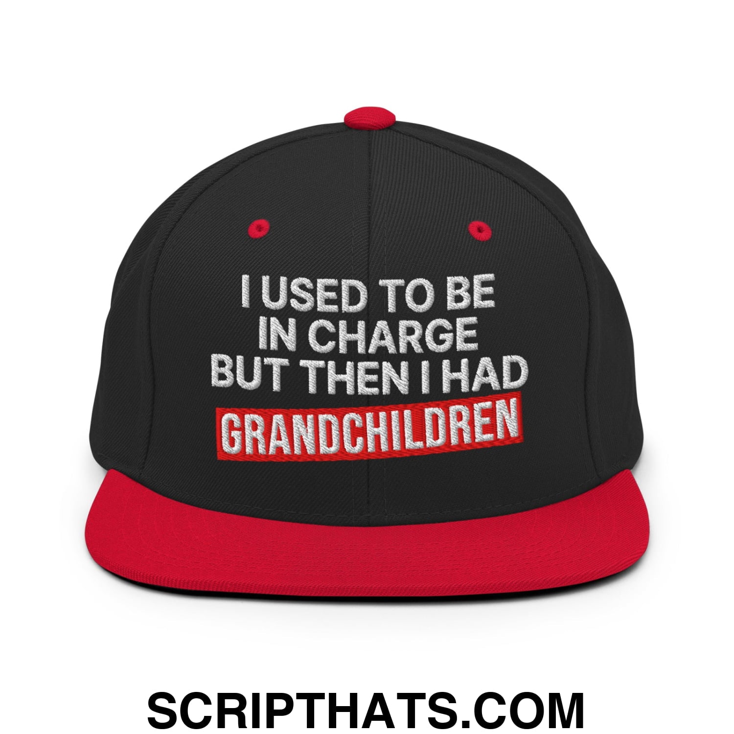 I Used to Be in Charge but Then I Had Grandchildren Embroidered Flat Bill Brim Snapback Hat Black Red