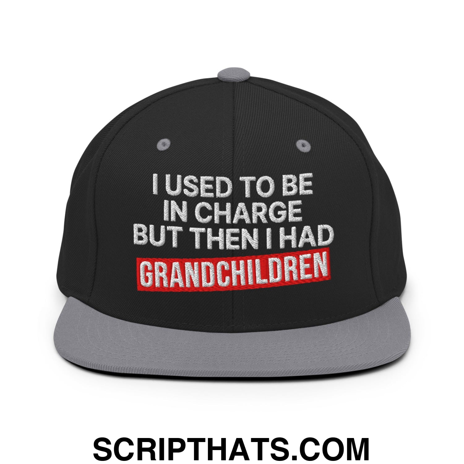 I Used to Be in Charge but Then I Had Grandchildren Embroidered Flat Bill Brim Snapback Hat Black Silver
