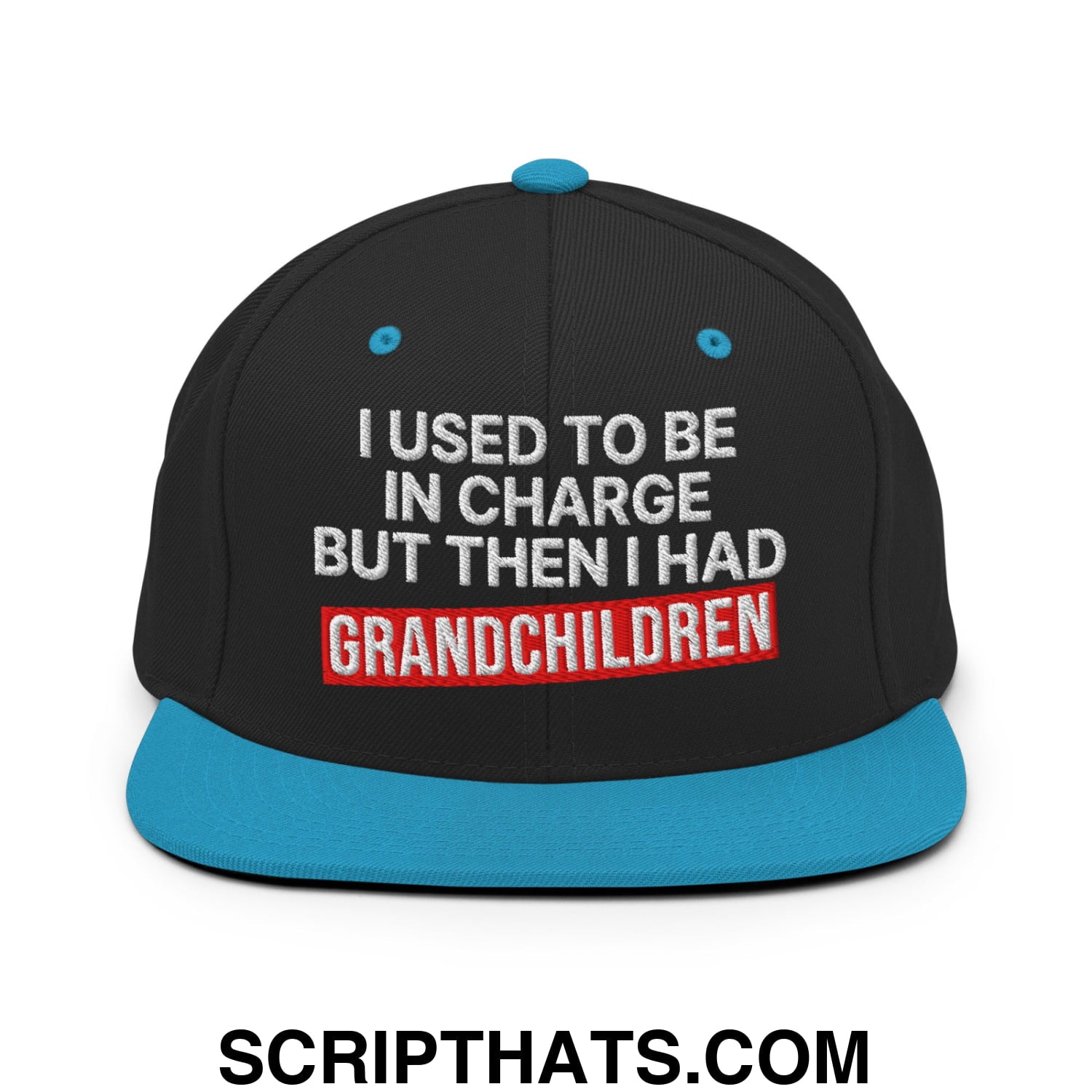 I Used to Be in Charge but Then I Had Grandchildren Embroidered Flat Bill Brim Snapback Hat Black Teal