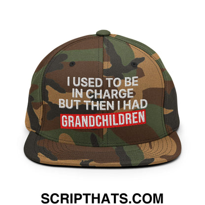 I Used to Be in Charge but Then I Had Grandchildren Embroidered Flat Bill Brim Snapback Hat Green Camo