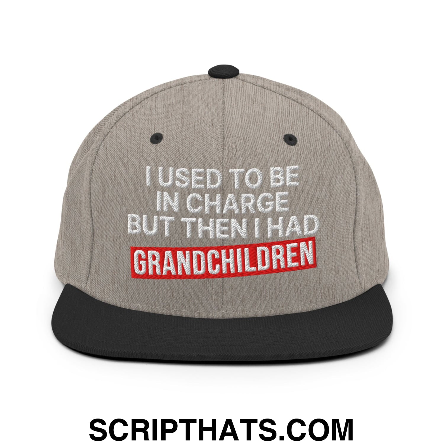 I Used to Be in Charge but Then I Had Grandchildren Embroidered Flat Bill Brim Snapback Hat Heather Black
