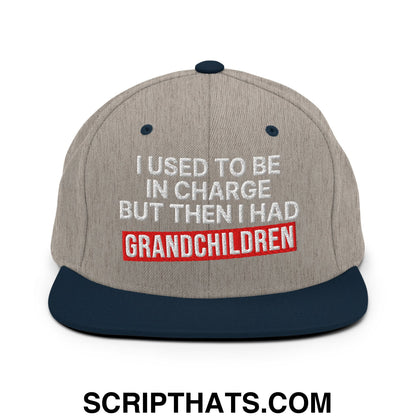 I Used to Be in Charge but Then I Had Grandchildren Embroidered Flat Bill Brim Snapback Hat Heather Grey Navy