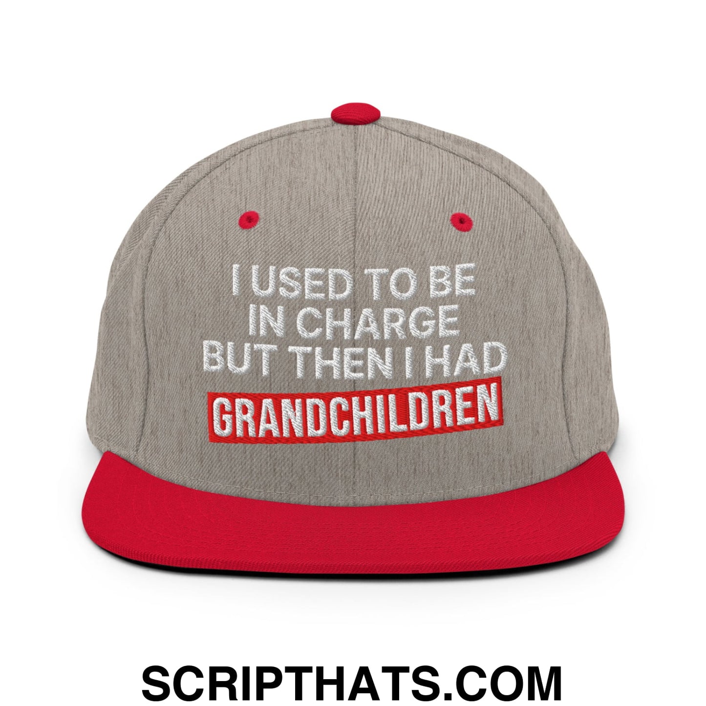 I Used to Be in Charge but Then I Had Grandchildren Embroidered Flat Bill Brim Snapback Hat Heather Grey Red
